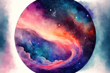 Background with a hand painted galaxy in watercolor. Generative AI