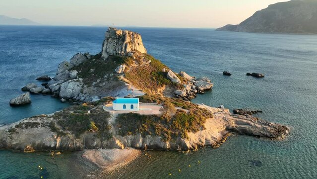 Aerial view of a Greek island in the Aegean Sea off the coast of Greece, Kos island at sunset, vacation in Southern Europe