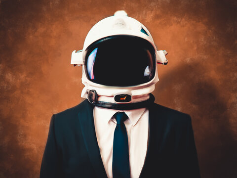 businessman with astronaut helmet. Created with artificial intelligence. Futuristic stylish business concept. Isolated paint background.