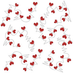 Pattern with red hearts continuous one line art	