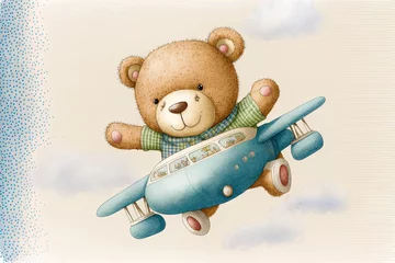 Fotobehang Illustration of a cute teddy bear flying an aircraft that was hand drawn with watercolor and colored pencils and has a white, blank backdrop. Generative AI © 2rogan