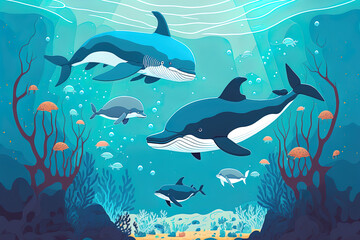 a backdrop (landscape) with a whale, a penguin, and a dolphin swimming in a summer sea in a illustration. Generative AI