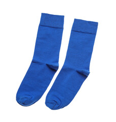 Blue socks on white background, top view