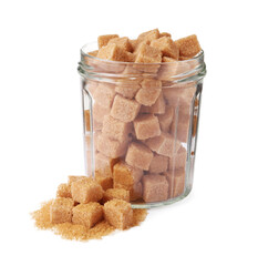 Glass jar and brown sugar cubes isolated on white