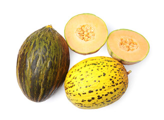 Tasty colorful ripe melons on white background, top view