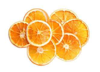 Delicious dry orange slices on white background, top view
