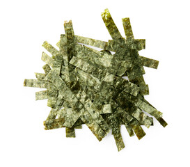 Pile of chopped crispy nori sheets on white background, top view © New Africa