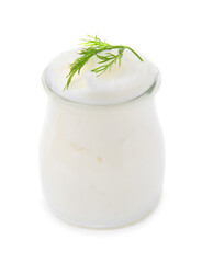 Delicious pork lard with dill in glass jar isolated on white