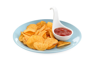 Delicious chips with ketchup isolated on white