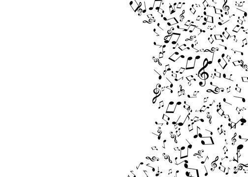 Many music notes and treble clefs flying on white background