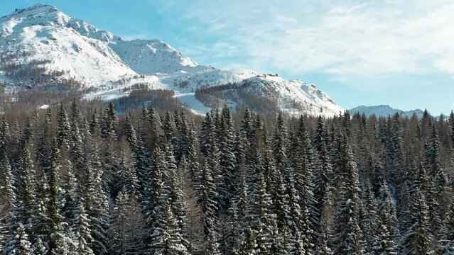 Aerial view of beautiful winter wonderland mountain scenery. Breathtaking alpine winter forest with snowcapped peaks in background, december landscape, drone video