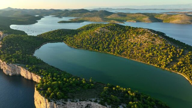 aerial view of Dugi Otok island in Croatia, vacation on a Mediterranean island, picturesque lagoons and cliffs on a paradise island