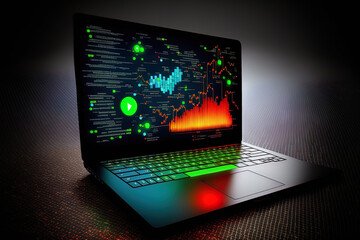 Utilizing a laptop with a glowing chart interface, the hacker. Generative AI