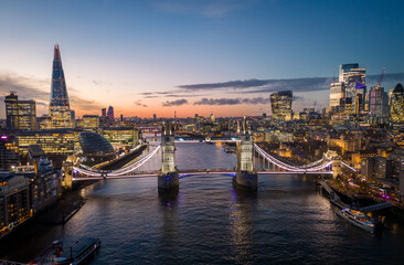 London with River Thames and Tower Bridge - amazing aerial view in the evening - travel photography