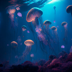 Flock of neon jellyfish in the underwater world