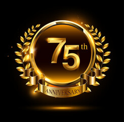75th golden anniversary logo with ring & ribbon, luxury laurel wreath