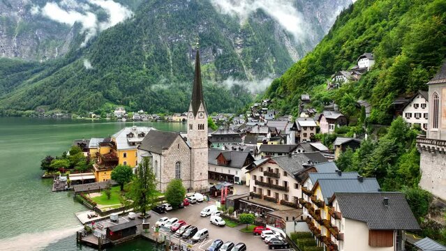 Hallstatt town in Austria, aerial view of unesco work heritage site in Austria with Austrian Alps and a lake, romantic village of Hallstatt in Europe