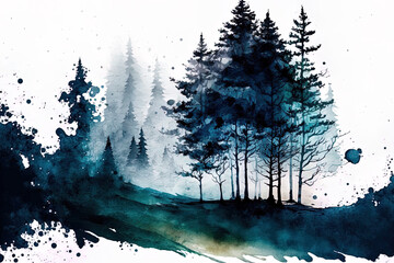 Winter Dark Nature Landscape with Forest Trees. Isolated watercolor on a white backdrop. Generative AI