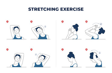 Neck and shoulder exercise. Stretch to relieve neck pain. Idea healthy and active lifestyle. Shoulder shrug and head tilt. Easy office workout. Stretching activity. vector line illustration. doodle. - 557492480