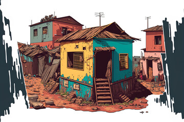 Poor, filthy homes in the slums. Set of ancient, dilapidated, and cartoonish shacks in a run down neighborhood. Urban dwellings in shanties, isolated on a white backdrop. Generative AI - obrazy, fototapety, plakaty