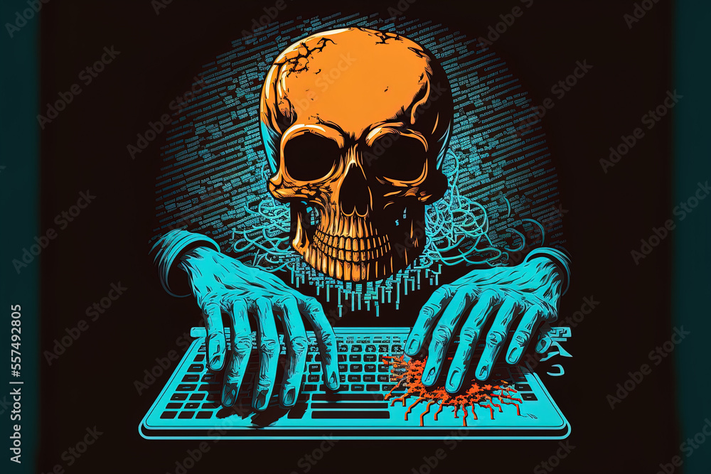 Aufkleber hacking and phishing concept with an illustration of a code skull and hands typing on a laptop in th