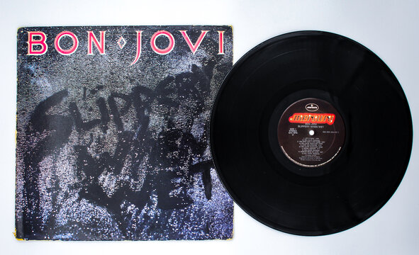 Glam metal and hard rock artist, Bon Jovi music album on vinyl record LP disc. Titled: Slippery When Wet taken in Miami, Fl on Dec 2022.