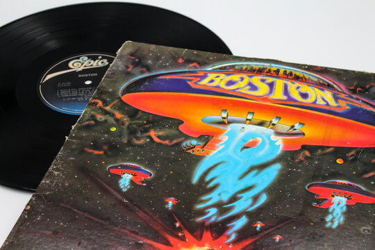Hard rock artists, Boston music album on vinyl record LP disc. Self titled album. Album cover taken in Miami, Fl on Dec 2022.