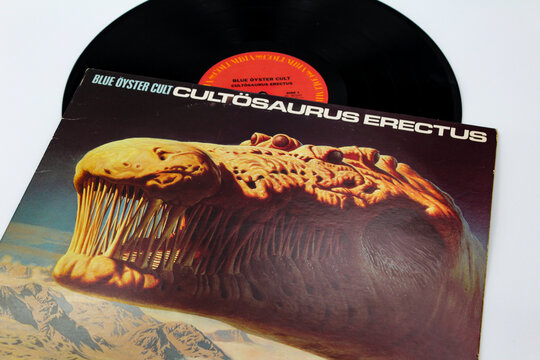 Heavy metal, hard rock and 	
Progressive rock artists, Blue Oyster Cult music album on vinyl record LP disc. Titled: Cultosaurus Erectus album cover taken in Miami, Fl on Dec 2022.