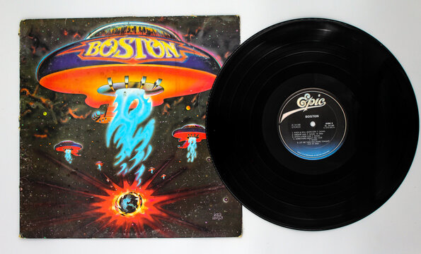 Hard rock artists, Boston music album on vinyl record LP disc. Self titled album. Album cover taken in Miami, Fl on Dec 2022.