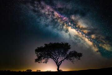Fototapeta na wymiar long exposure shot of a tree silhouette with a cloud and the milky way. Generative AI