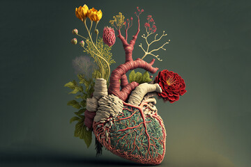 Abstract version of the human heart created with various types of plant life, indicating growth and vitality. Created with generative ai