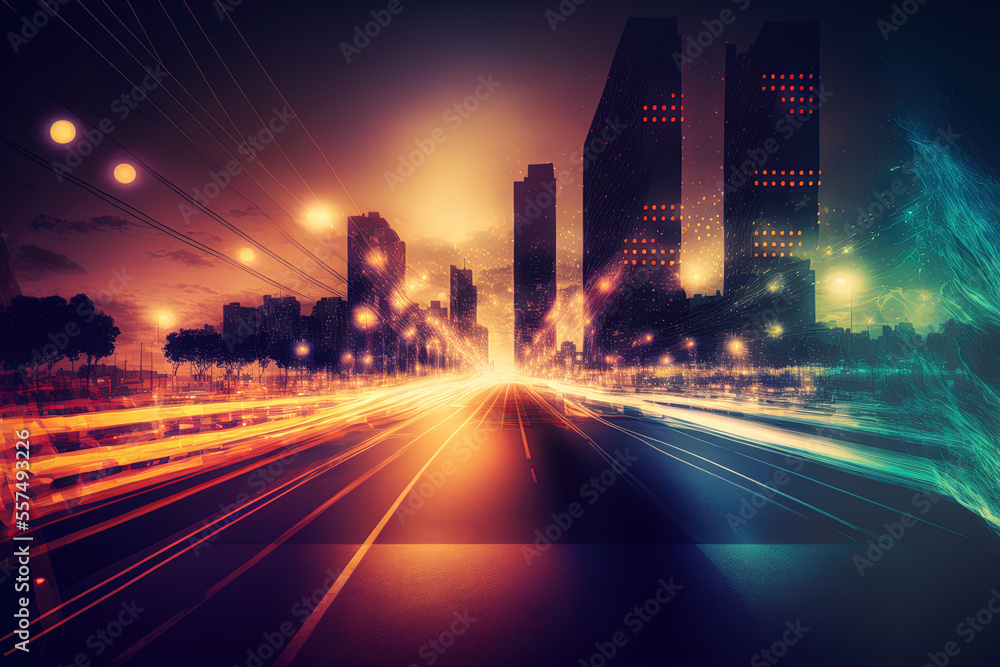Poster abstract background with city center and fading lights highway. generative ai
