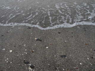 白い波が立ち、貝殻と小石が散らばる波打ち際の砂浜のテクスチャー