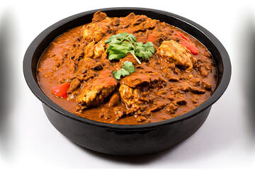 Chicken Madras Curry in a black dish on a white background. A dish from Indian cuisine that includes chicken meat and a hot masala sauce. Asian cuisine and food. Generative AI - obrazy, fototapety, plakaty