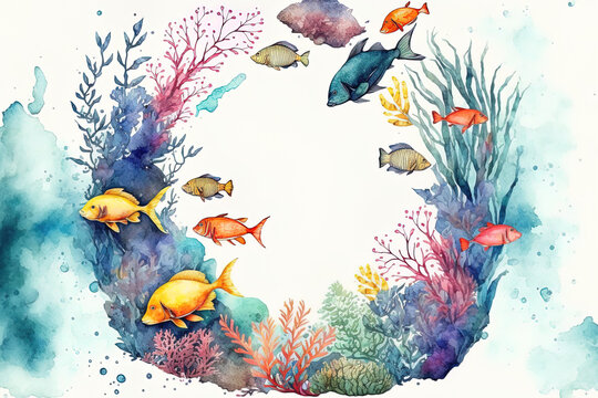 A frame with corals and tropical fish in vibrant colors. Illustration using watercolors of the sea for use in creating and embellishing postcards print packaging and logos posters, invitations, and di