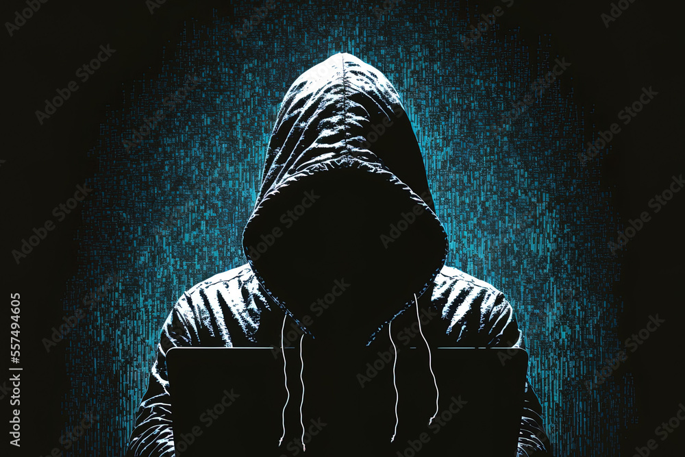 Poster no face of hacker with laptop. generative ai