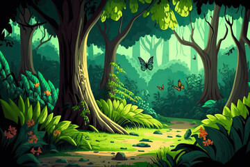 A cartoon depicts a wooded glade in the distance. butterfly adorned brilliant wood. for printing, design games, websites, and mobile devices. Generative AI