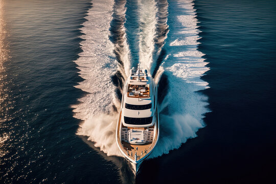 Superyacht Is Moving Quickly From Above The Sea. Top Shot Of A Motor Yacht In Motion. A Massive Super Mega Boat In White Sailing In Italy's Deep Blue Waters. Aerial Picture Of A White Yacht In The Wat