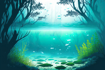 Abstract lake underwater scenery with blue clear water and underwater eco nature protection. Generative AI