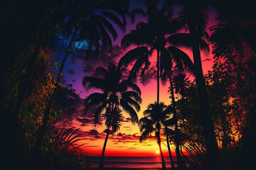 Fototapeta na wymiar Sunset surreal woodland with palm trees stunning neon dream landscape. Generative AI