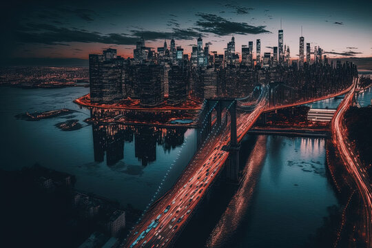 Nighttime aerial view of the New York metropolis seen from the Brooklyn Bridge. Generative AI