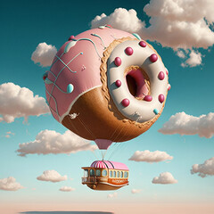 Donut as hot air baloon, flying in the sky, Generative AI image