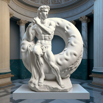 Marble donut with anciet sculpture, Generative AI image