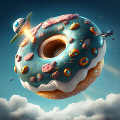 Donut as hot air baloon, flying in the sky, Generative AI image - 557498434