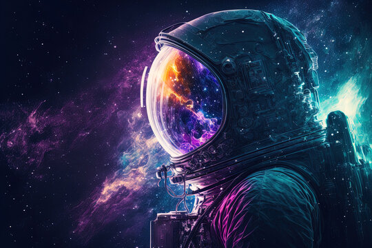 Astronaut in space with stars, a galaxy, a purple and blue nebula, and galaxies reflected in his helmet. Generative AI