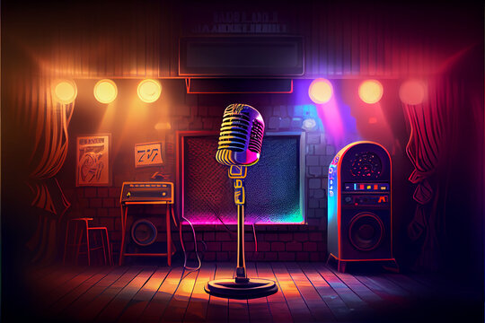 retro microphone in the spotlight in a colorful  karaoke background