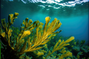 Naklejka na ściany i meble Laminaria sea kale underwater picture in salty ocean reef. Generative AI