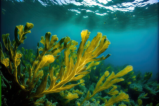 Laminaria sea kale underwater picture in salty ocean reef. Generative AI