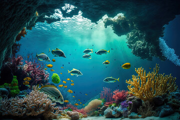 Naklejka na ściany i meble Underwater scene, coral reef, wildlife landscape of the world ocean. Generative AI