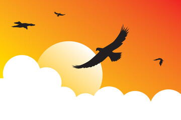 Eagle vector. Illustration of a flock of eagles flying in the sky. Beautiful sunset atmosphere